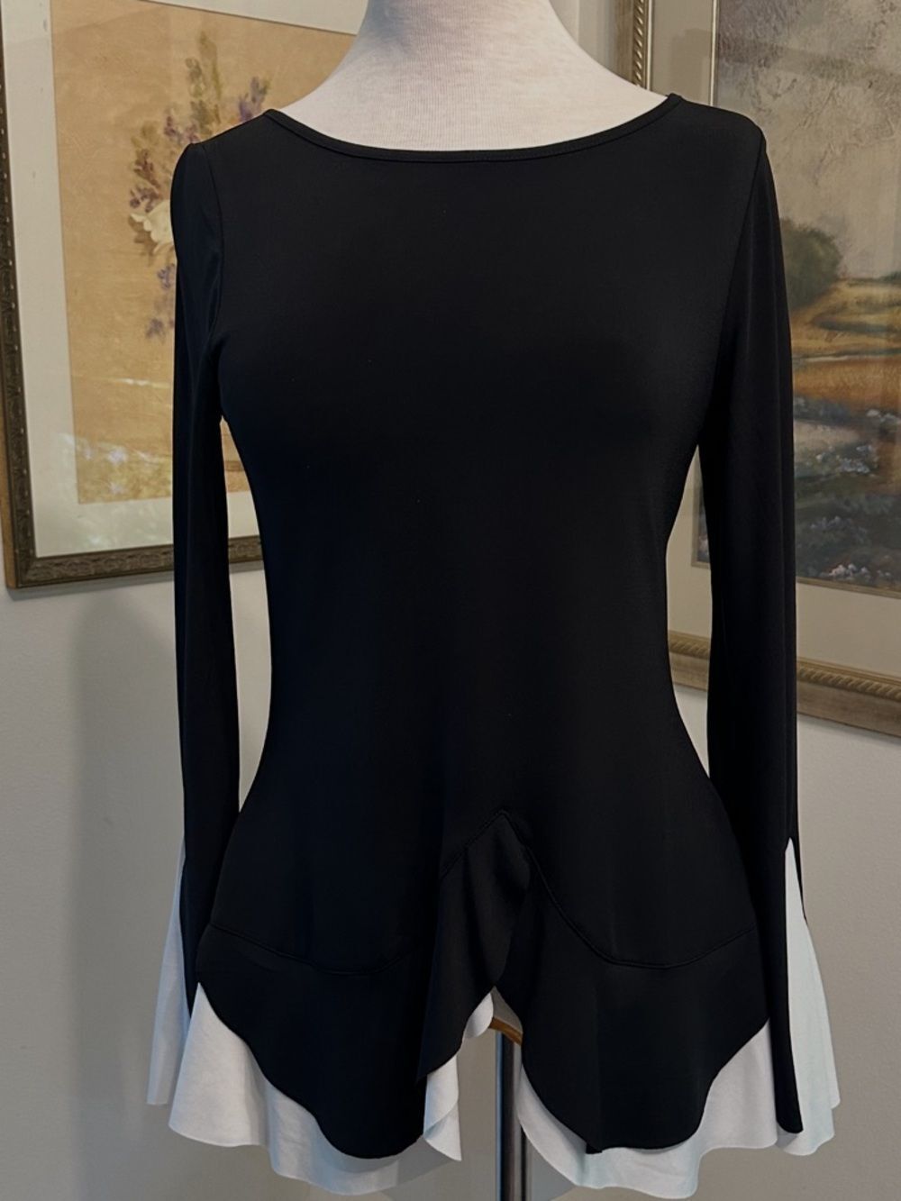 VENUS Black Long-Sleeve Womens Tunic w/White Chiffon Trim on Sleeves/Hem Size S